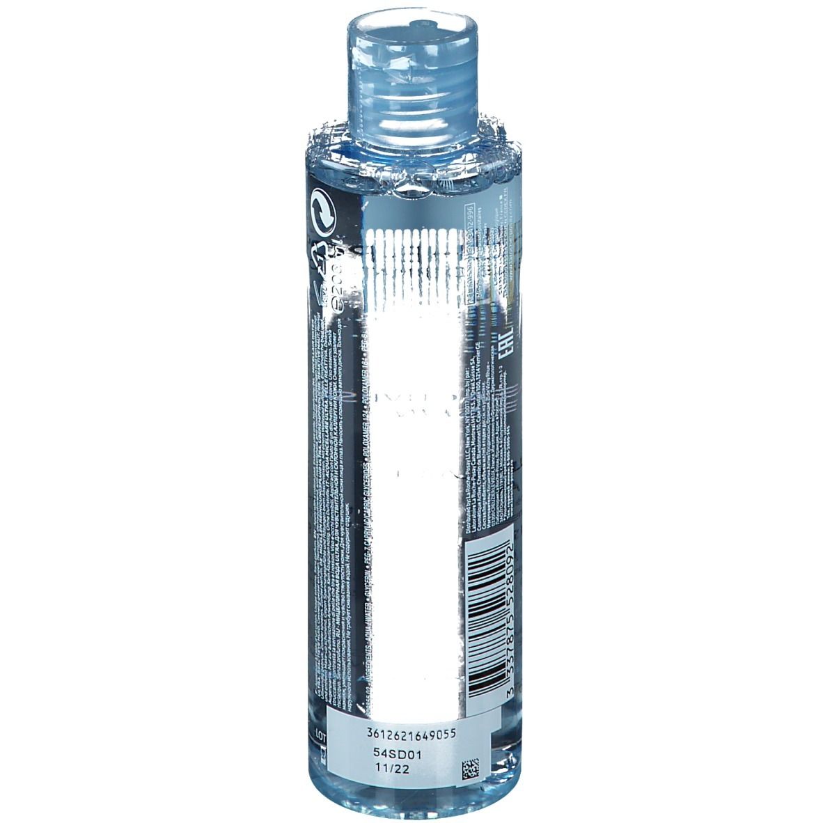 Dos du flacon La Roche-Posay Mizellen Reinigungsfluid Reaktiv. Code-barres, numéro de lot et date de péremption.