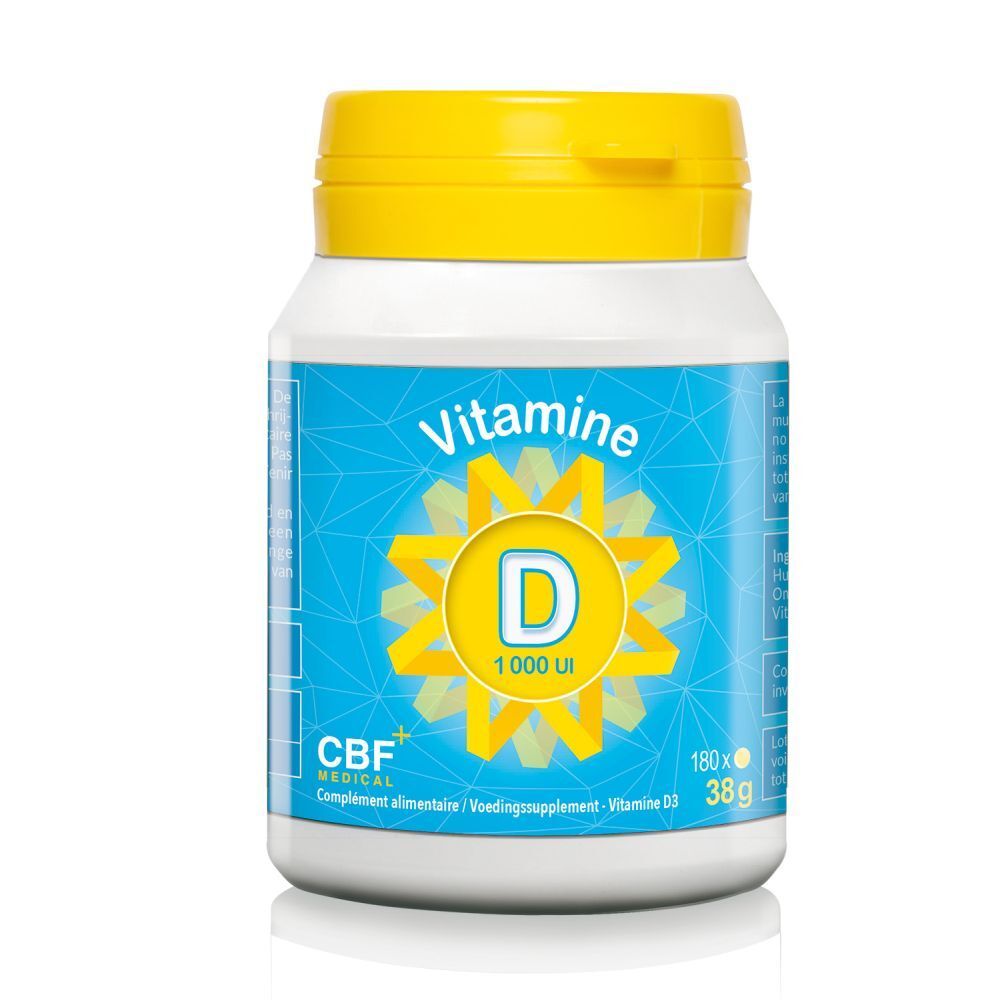 Flacon blanc avec bouchon jaune. Inscription: Vitamine D 1000 UI. CBF MEDICAL.