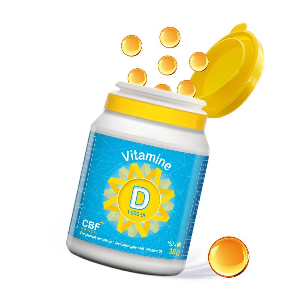 Flacon blanc avec bouchon jaune. Inscription: Vitamine D 1000 UI. CBF MEDICAL.