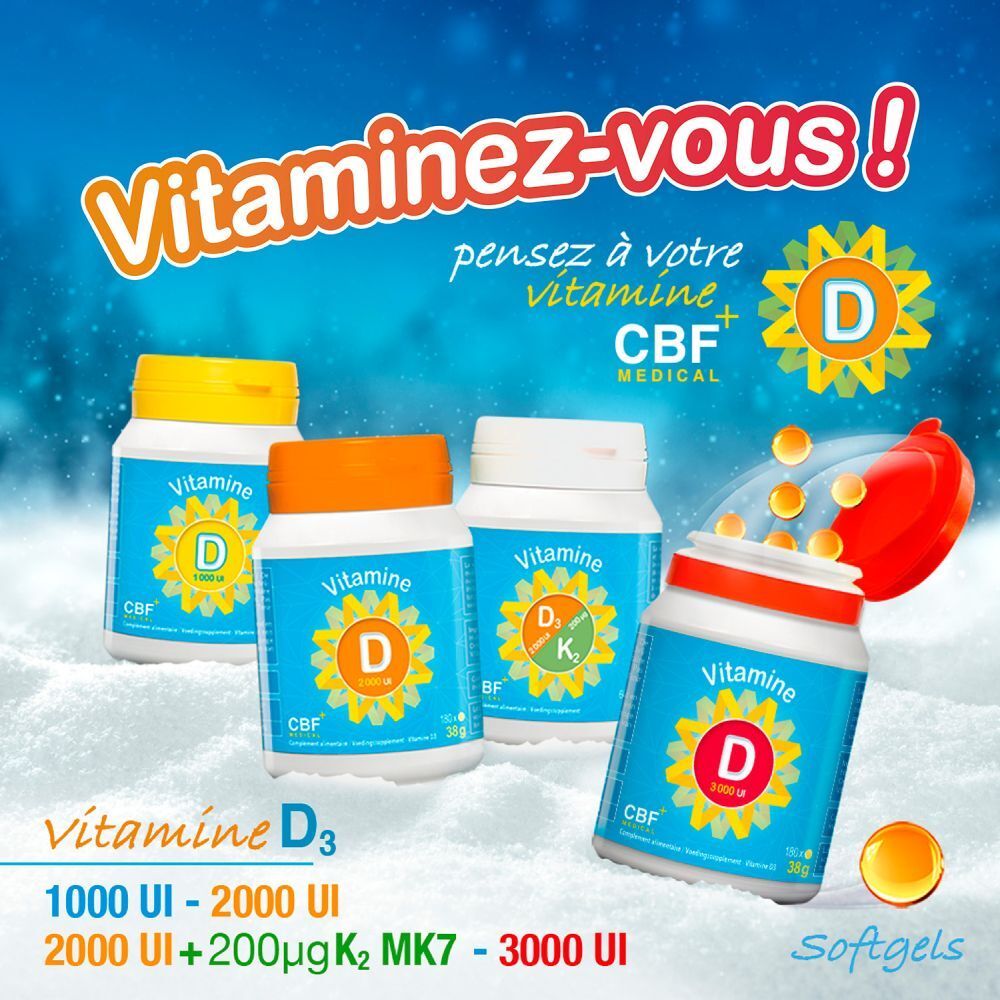 Flacon blanc avec bouchon jaune. Inscription: Vitamine D 1000 UI. CBF MEDICAL.