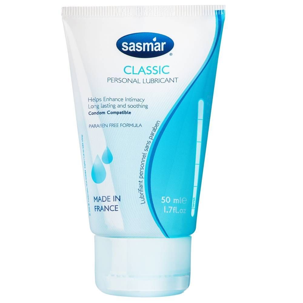 Tube de "Sasmar Classic Personal Lubricant". Design bleu et blanc. Contient 50 ml. Fabriqué en France.