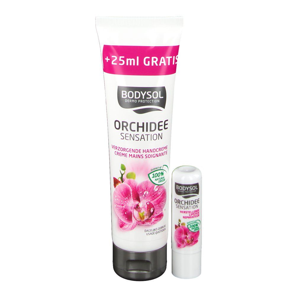 Tube de crème pour les mains et stick à lèvres. Tube avec orchidée et '+25ml GRATIS'. Stick à lèvres à côté.