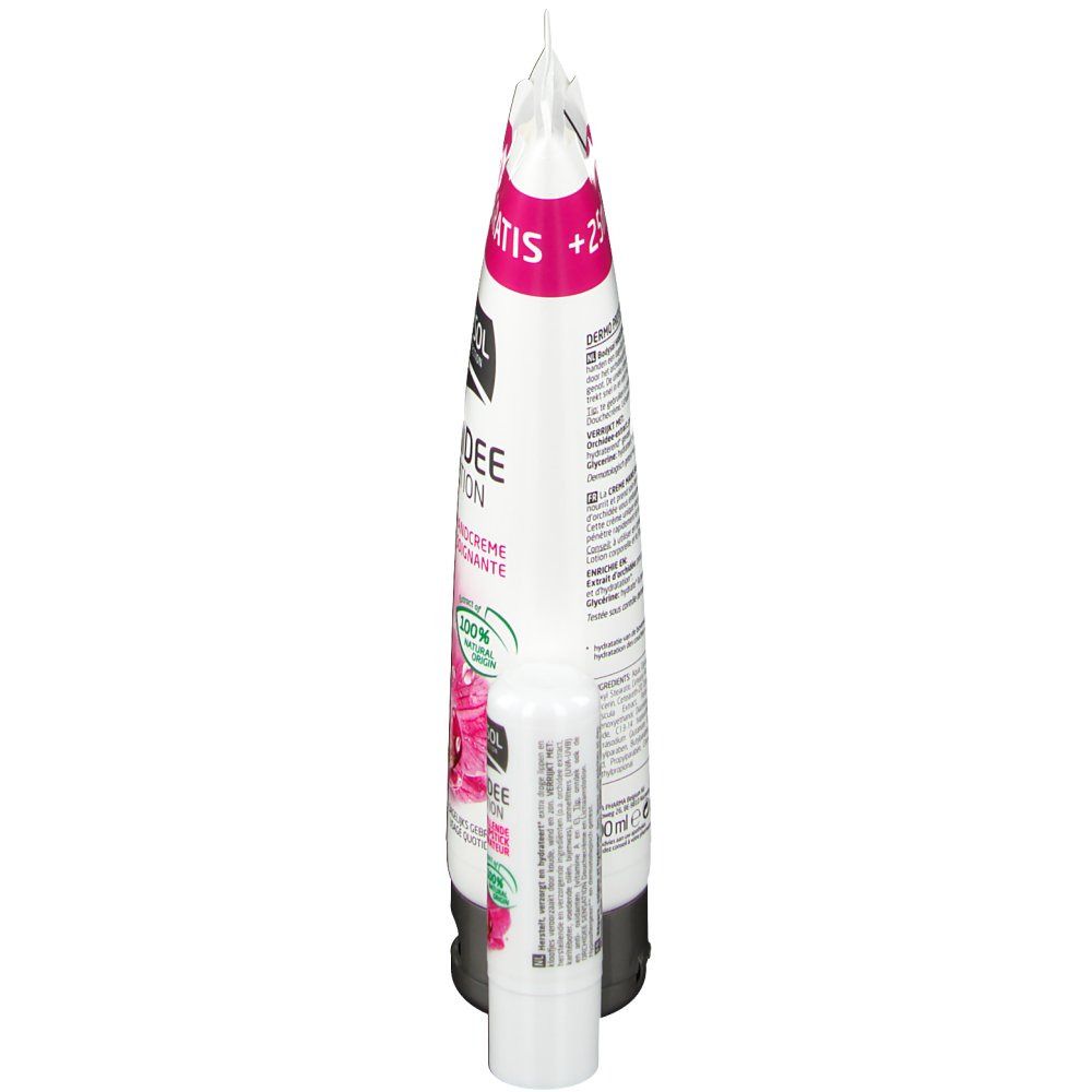 Vue de dessus du tube de crème pour les mains et du stick à lèvres. Inscription '+25ml GRATIS' et informations produit.