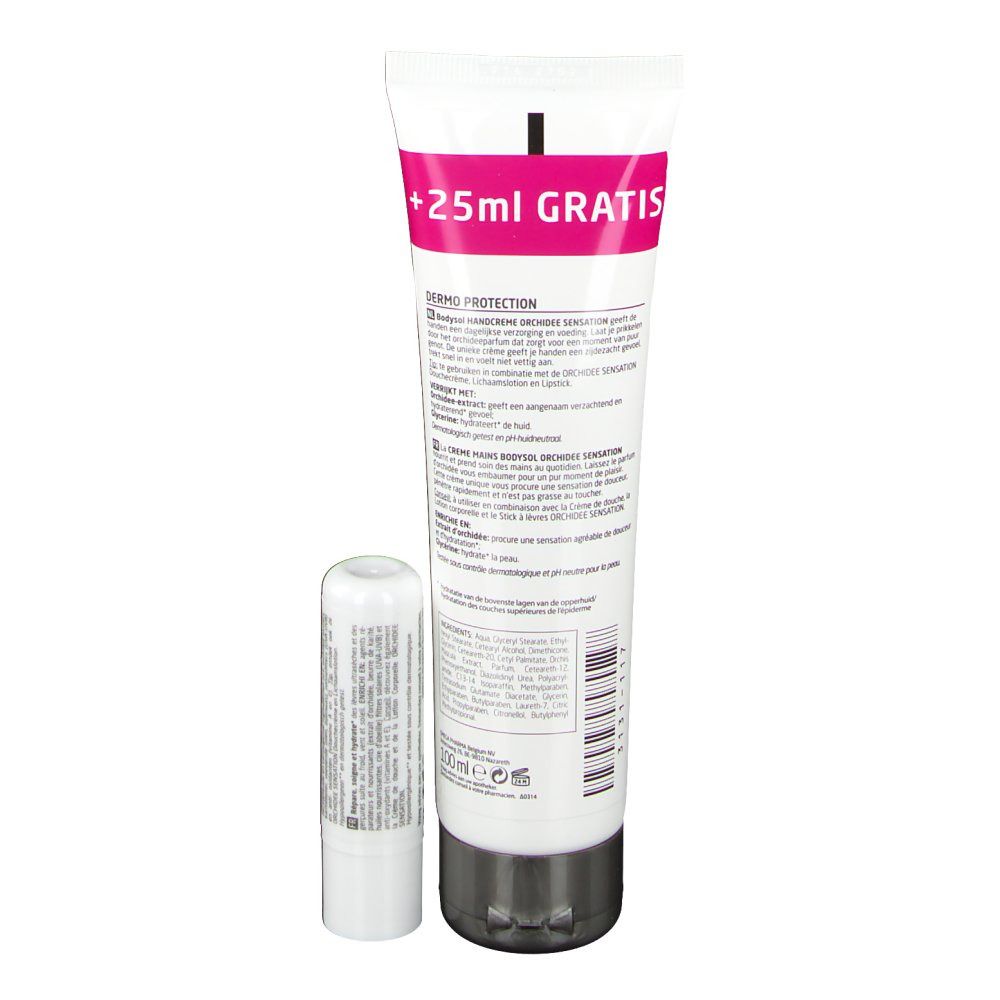 Dos du tube de crème pour les mains et du stick à lèvres. Informations sur le produit et ingrédients.