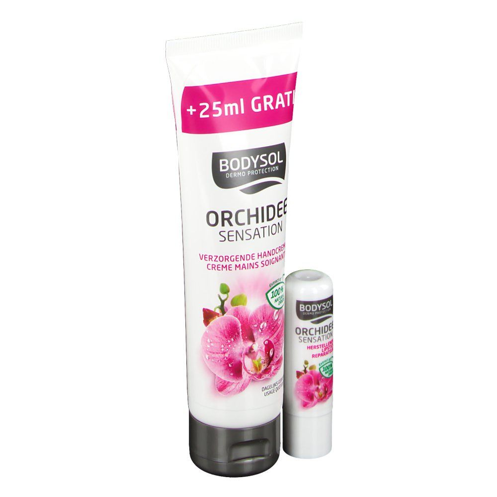 Tube de crème pour les mains et stick à lèvres. Crème pour les mains avec orchidée et '+25ml GRATIS'. Stick à lèvres à côté.