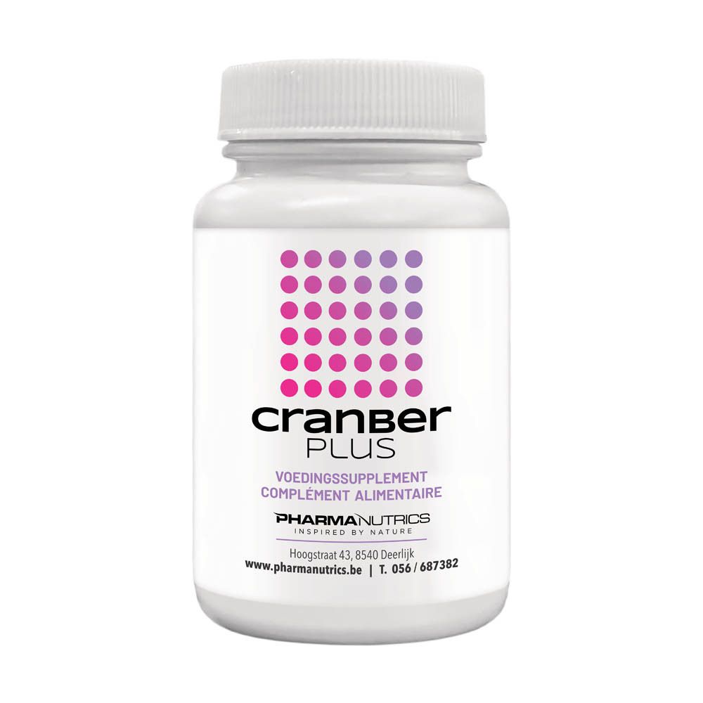 Flacon blanc Cranberry Plus. Points violets et roses et informations sur l'étiquette.