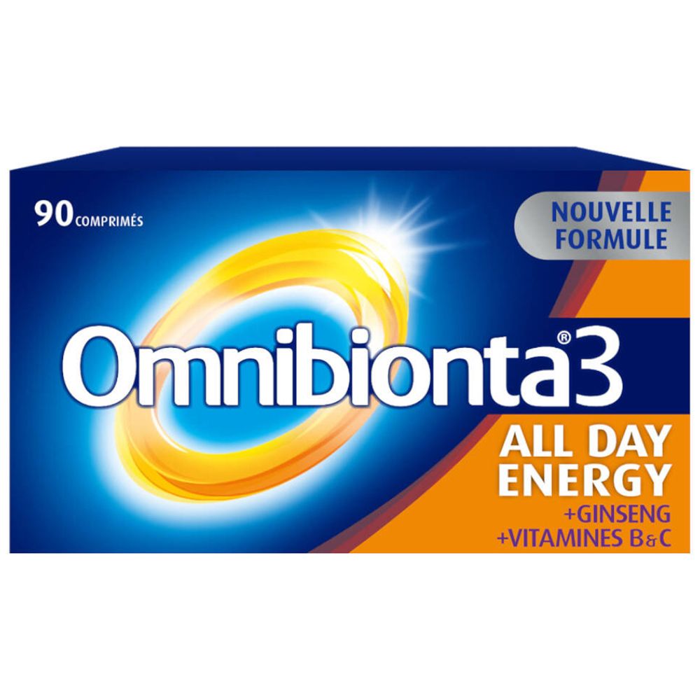 Boîte bleu-orange Omnibionta3 All Day Energy, 90 comprimés. Nouvelle formule.