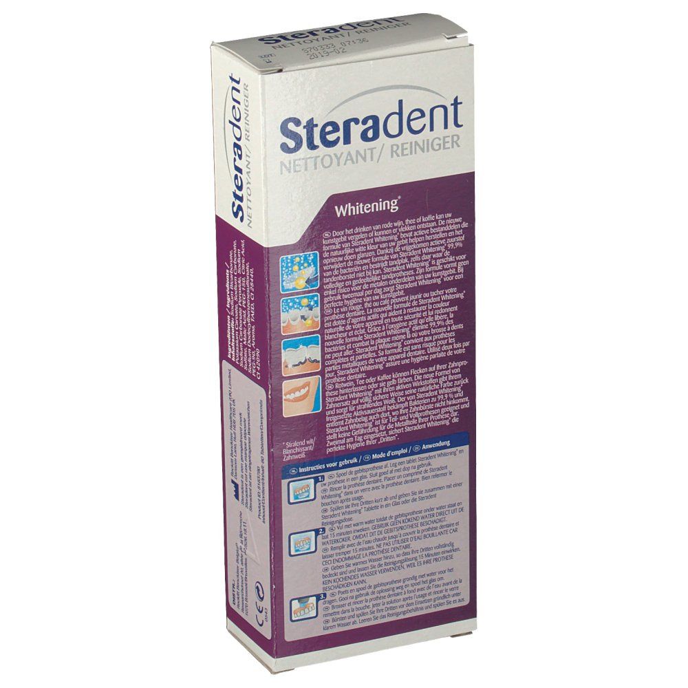Dos de la boîte Steradent Nettoyant/Reiniger Whitening. Texte multilingue. Illustrations d'utilisation.
