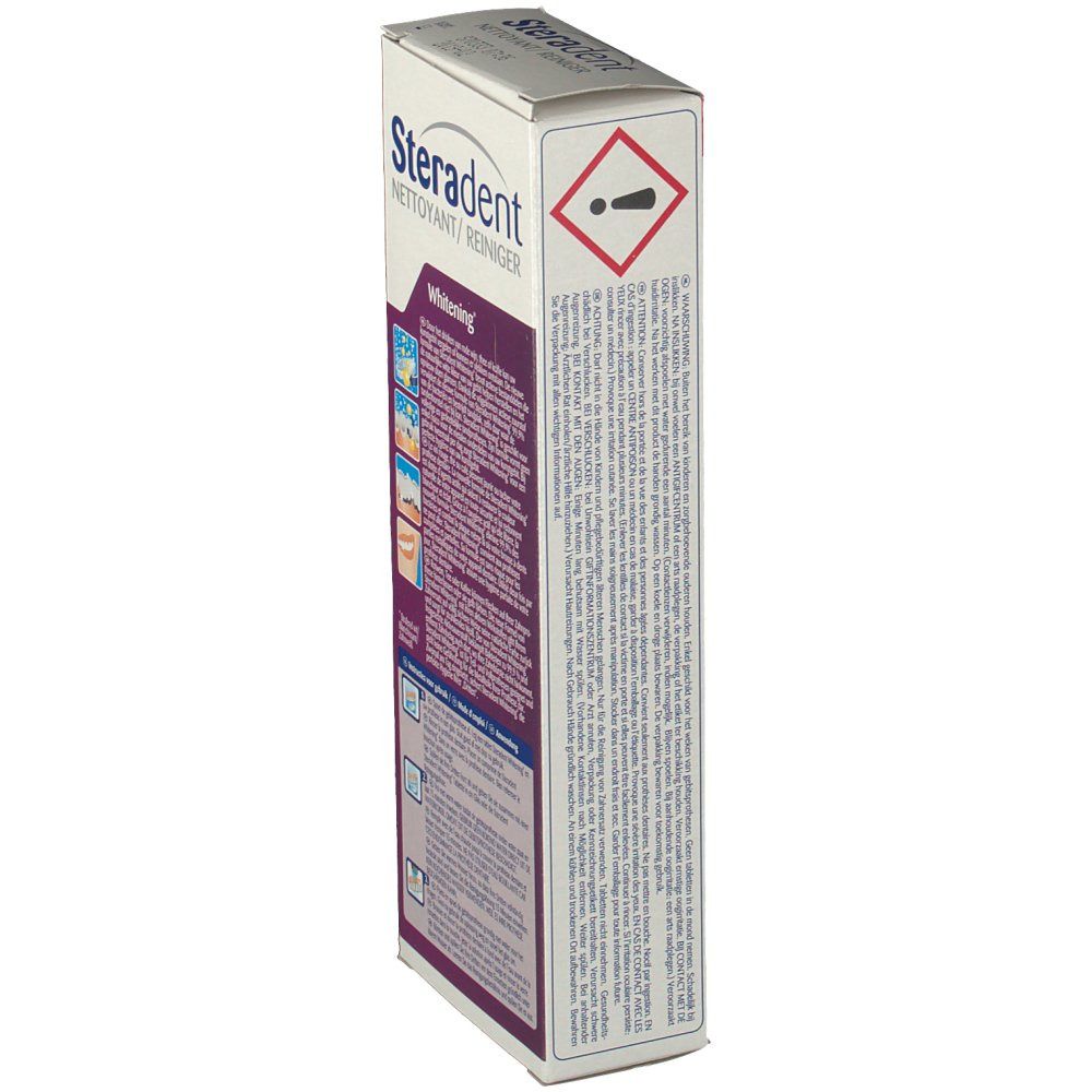 Côté de la boîte Steradent Nettoyant/Reiniger Whitening. Texte et symbole de danger. Avertissements.
