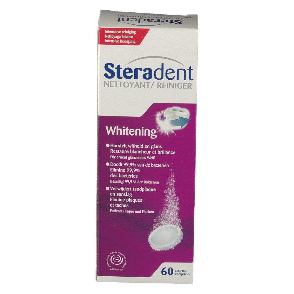 Face avant de la boîte Steradent Nettoyant/Reiniger Whitening. Inscriptions : Steradent, Whitening, 60 comprimés. Illustrations.