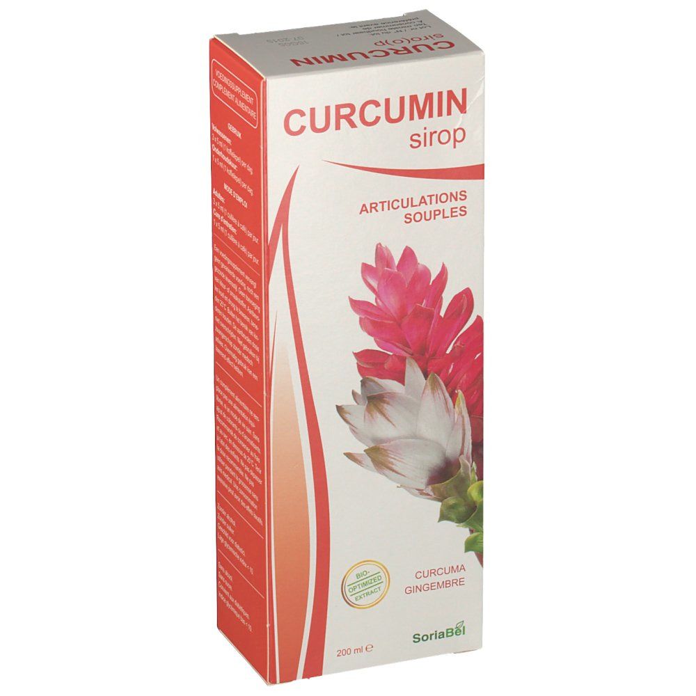 Boîte de sirop de curcumine. Inscription: CURCUMIN siroop, Articulations souples. Illustration florale. 200 ml.