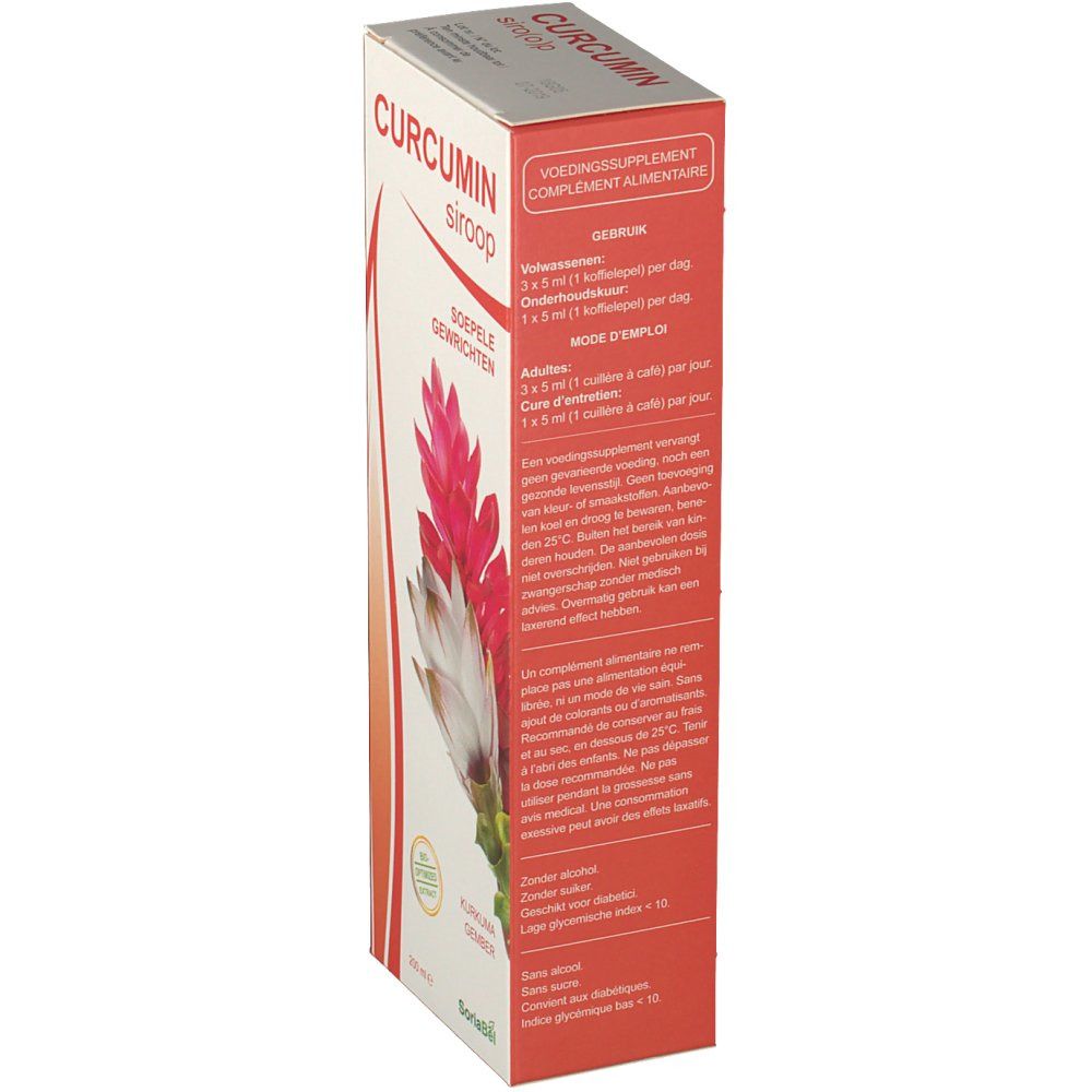 Boîte de sirop de curcumine. Inscription: CURCUMIN siroop, Complément alimentaire. Mode d'emploi. Illustration florale.