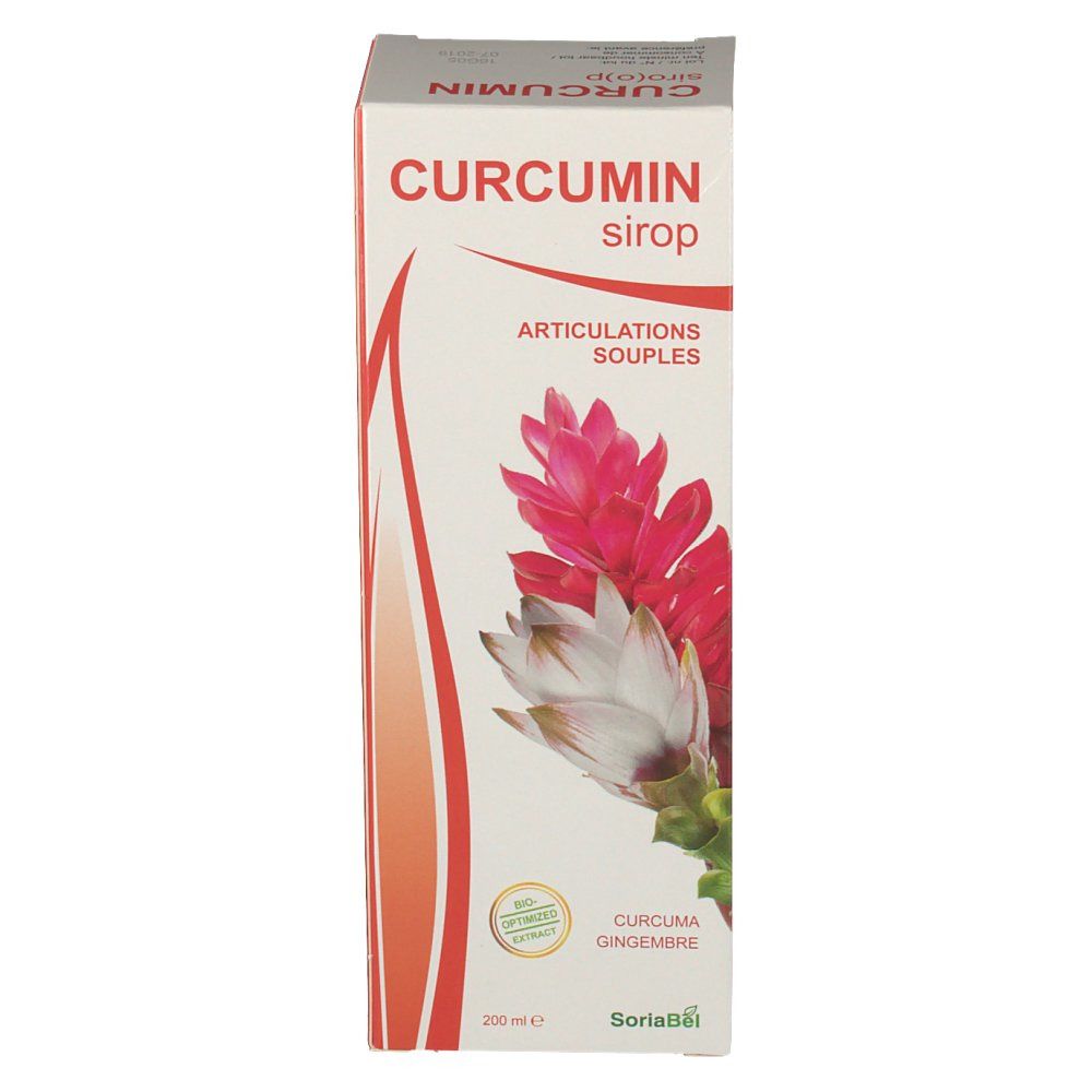 Boîte de sirop de curcumine. Inscription: CURCUMIN siroop, Articulations souples. Illustration florale. 200 ml.