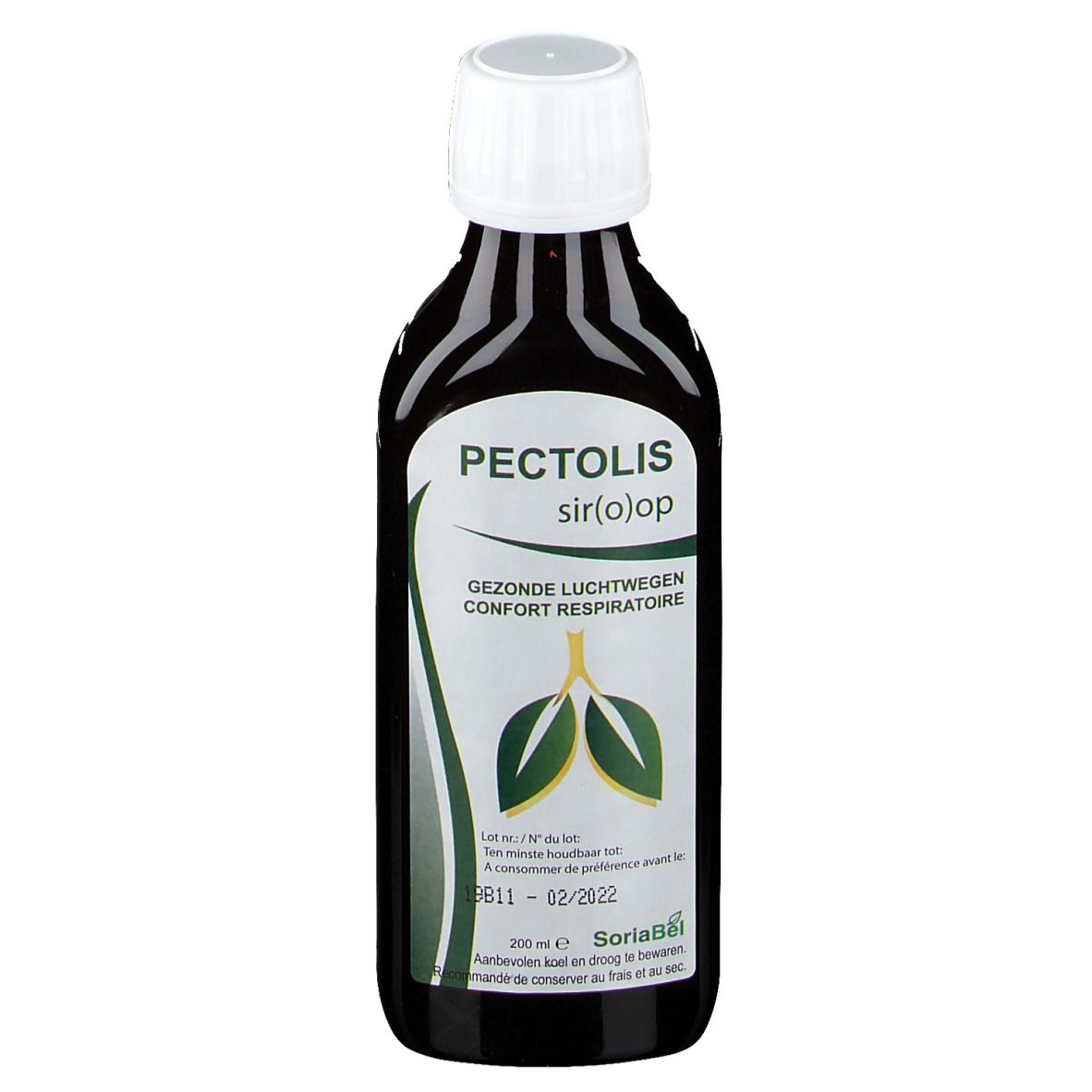 Flacon brun avec bouchon blanc. Inscription Pectolis sir(o)op, graphique de feuilles vertes, texte multilingue.