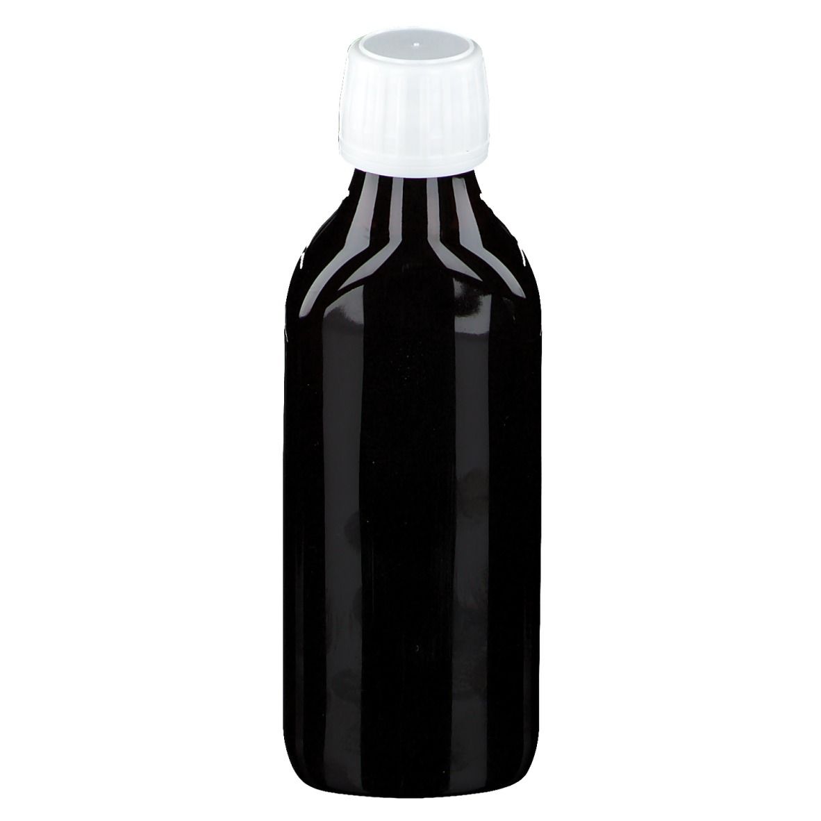 Flacon brun avec bouchon blanc. Inscription illisible.