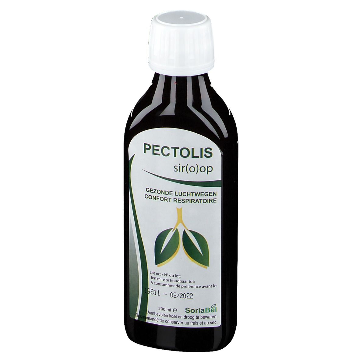 Flacon brun avec bouchon blanc. Inscription Pectolis sir(o)op, graphique de feuilles vertes, texte multilingue.