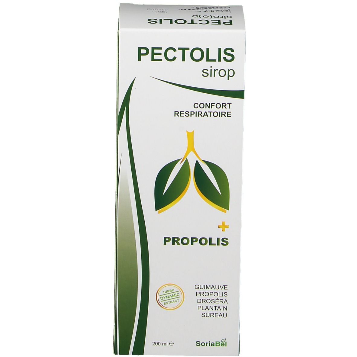 Emballage du produit. Inscription Pectolis siroop, graphique de feuilles vertes, texte multilingue.