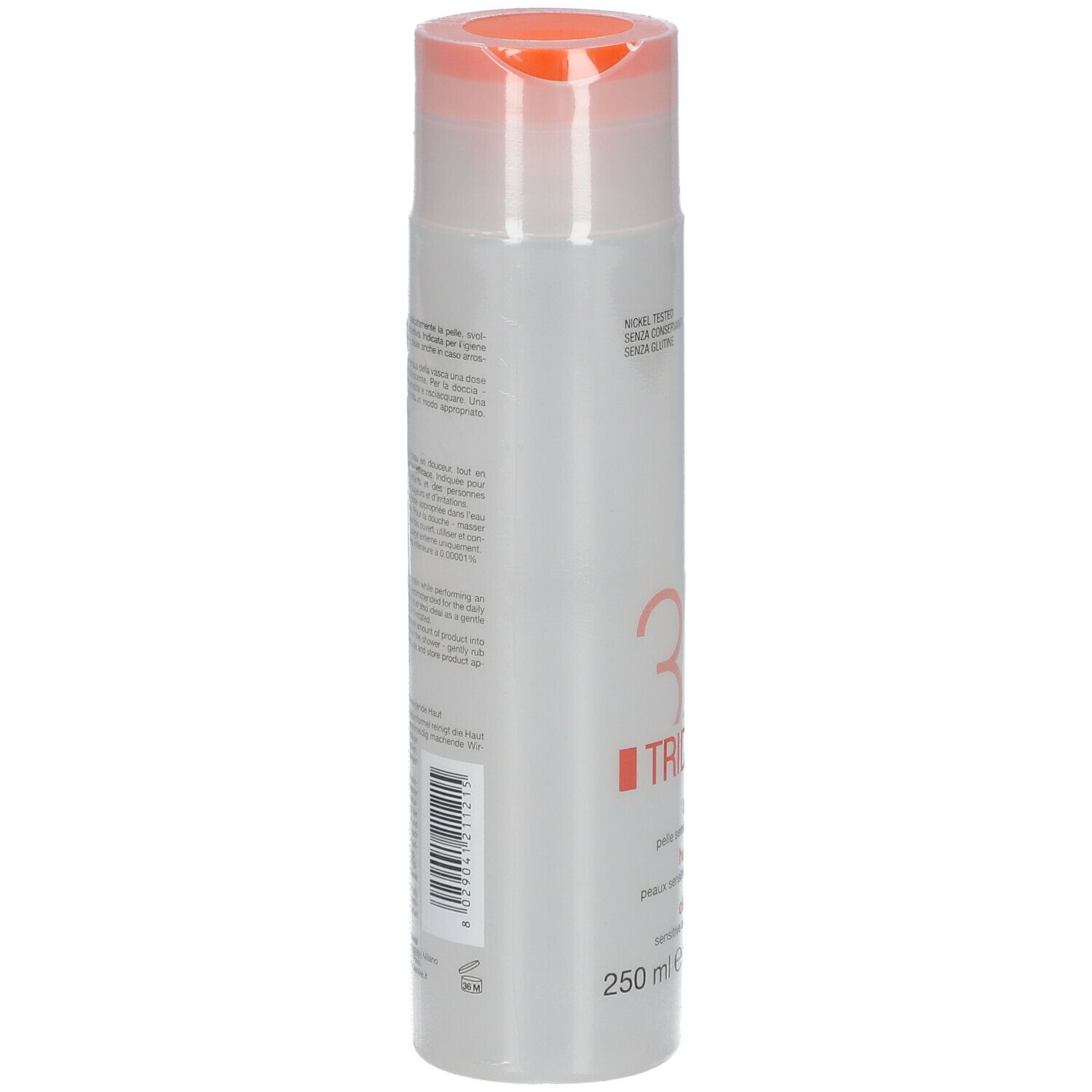 Flacon cylindrique avec bouchon orange. Dos avec texte multilingue et code-barres.