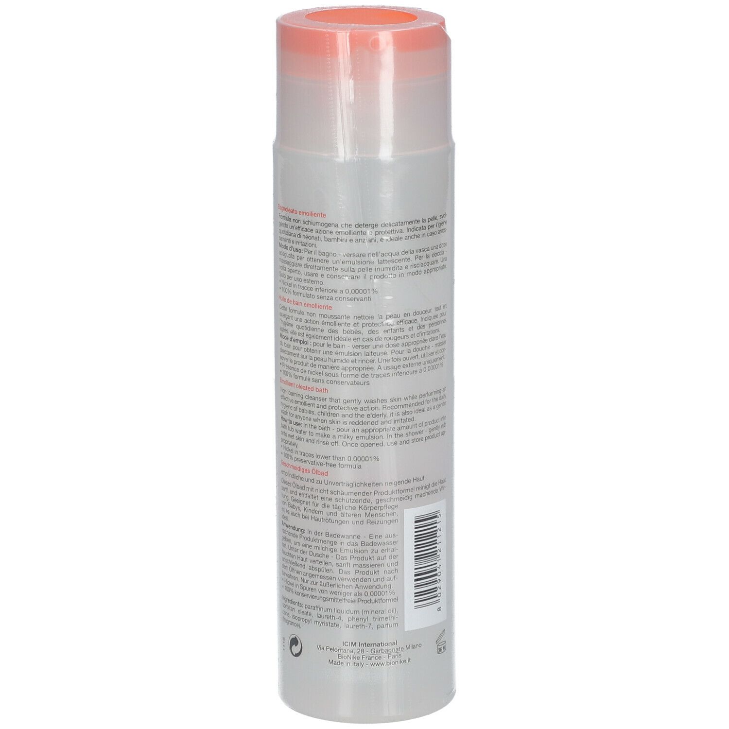 Flacon cylindrique avec bouchon orange. Dos avec texte multilingue et code-barres.