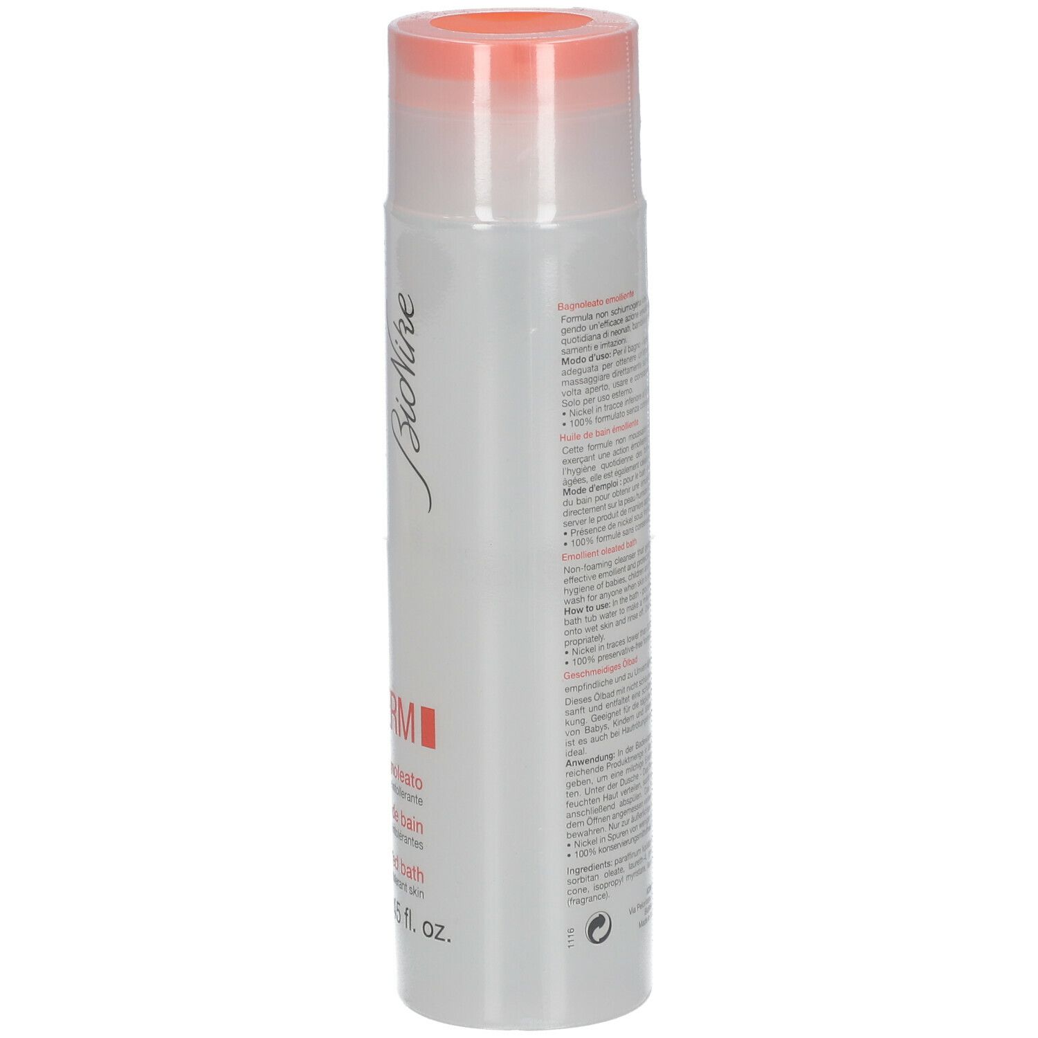 Flacon cylindrique avec bouchon orange. Dos avec texte multilingue.