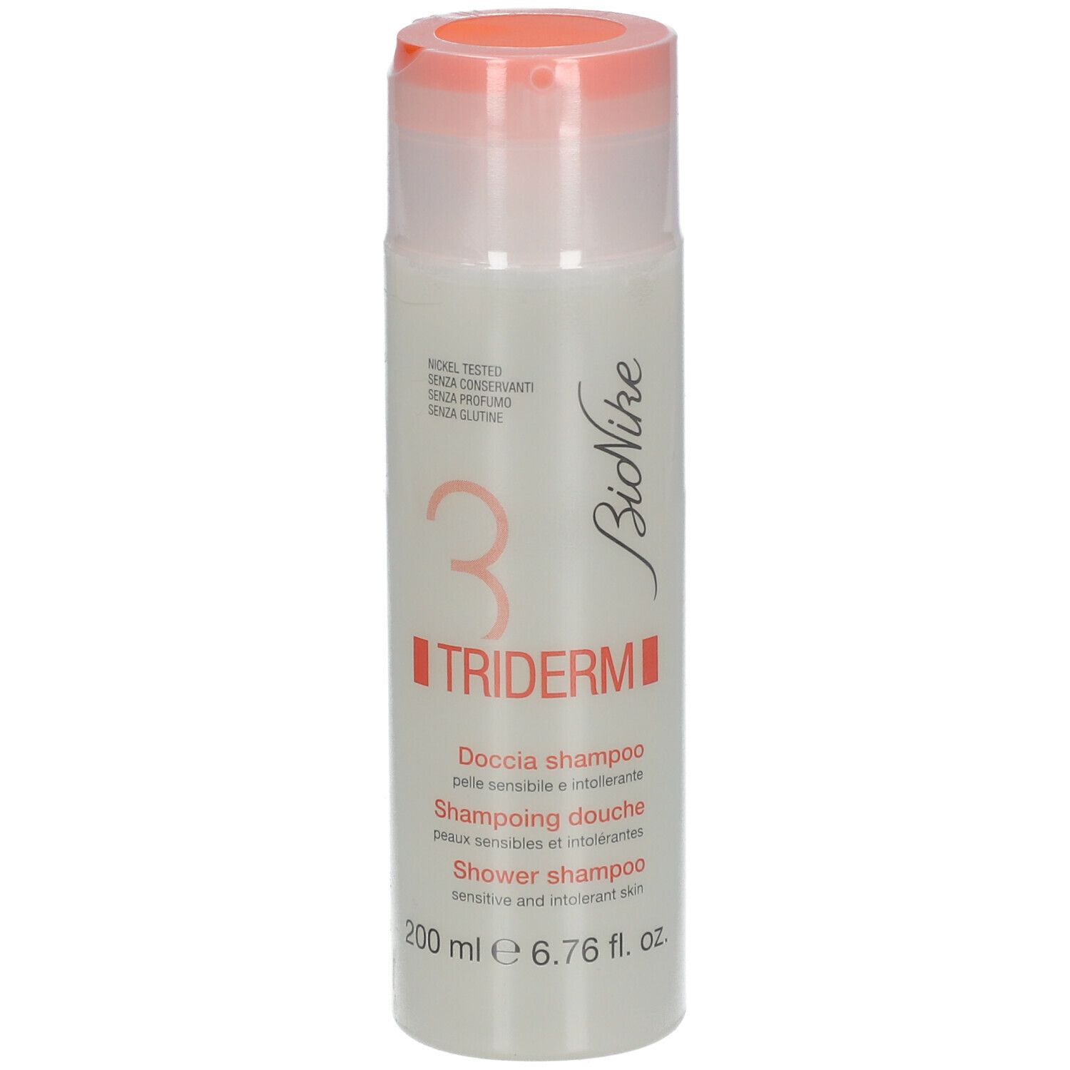 Flacon blanc avec bouchon rose. Inscription: BioNike, TRIDERM, Shampooing douche, 200 ml.