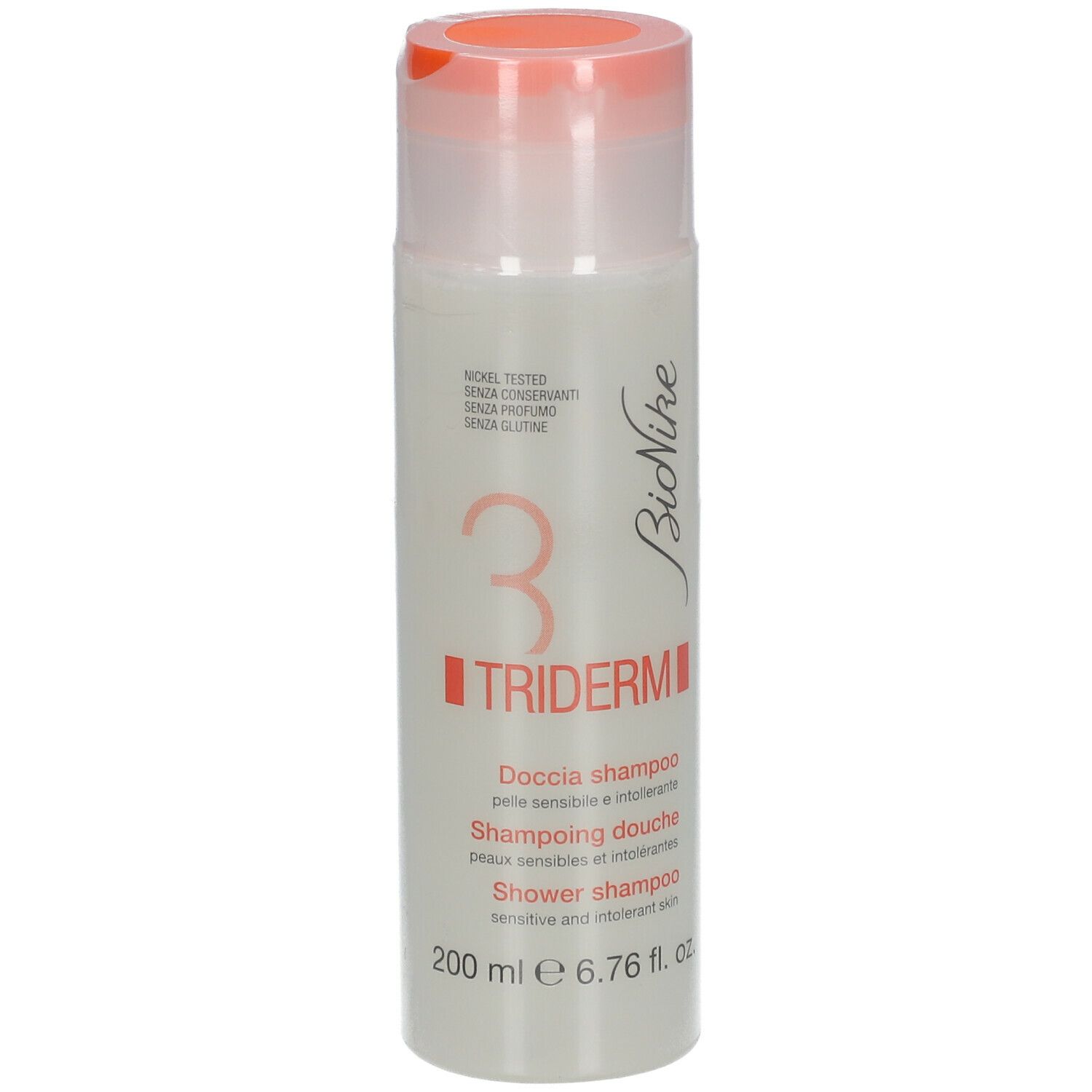 Flacon blanc avec bouchon rose. Inscription: BioNike, TRIDERM, Shampooing douche, 200 ml.