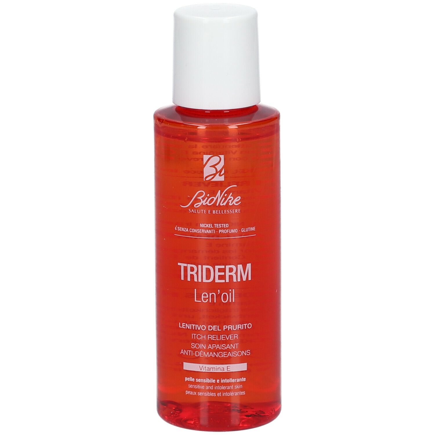 BioNike TRIDERM Len'oil. Flacon rouge à bouchon blanc. Nom du produit et texte sur l'étiquette.