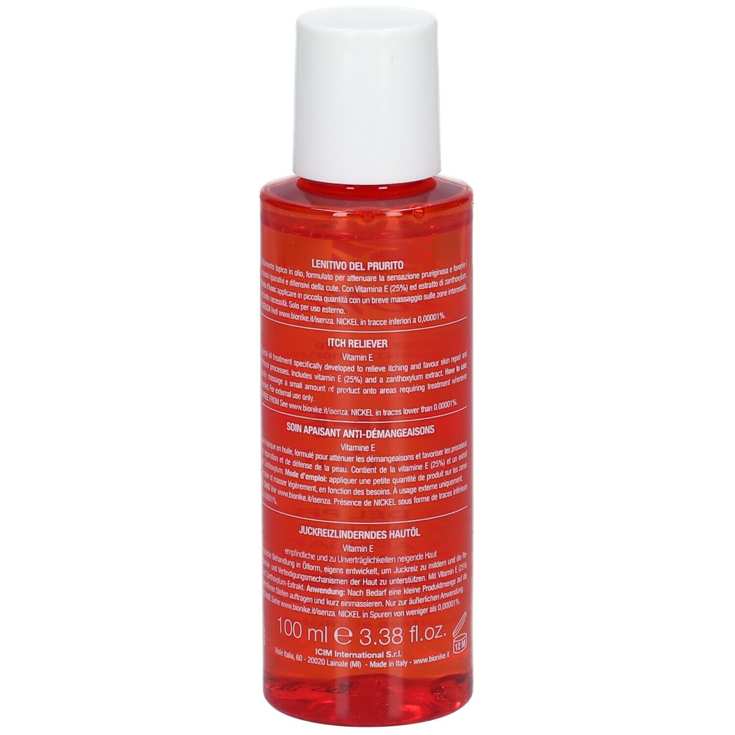 BioNike TRIDERM Len'oil. Flacon rouge à bouchon blanc. Texte sur l'étiquette, 100 ml.