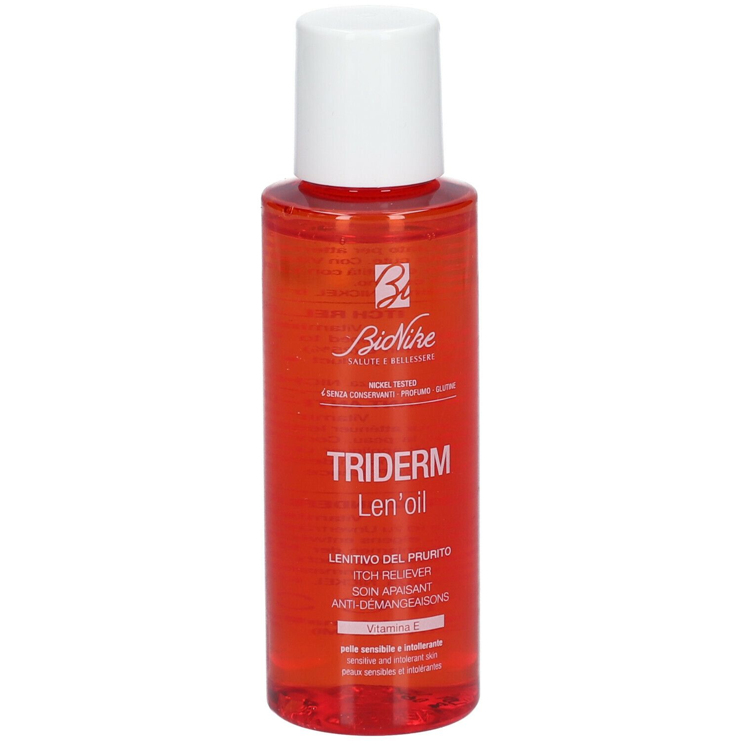 BioNike TRIDERM Len'oil. Flacon rouge à bouchon blanc. Nom du produit et texte sur l'étiquette.