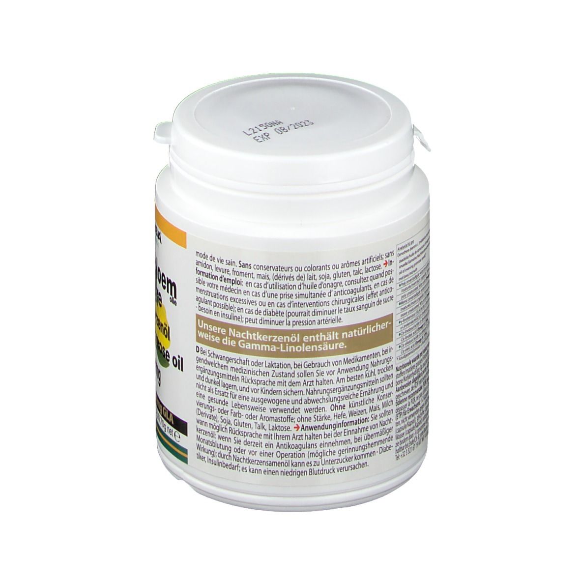 Dos d'un flacon blanc avec bouchon à vis. Texte en plusieurs langues. Inscription : Nachtkerzenöl.
