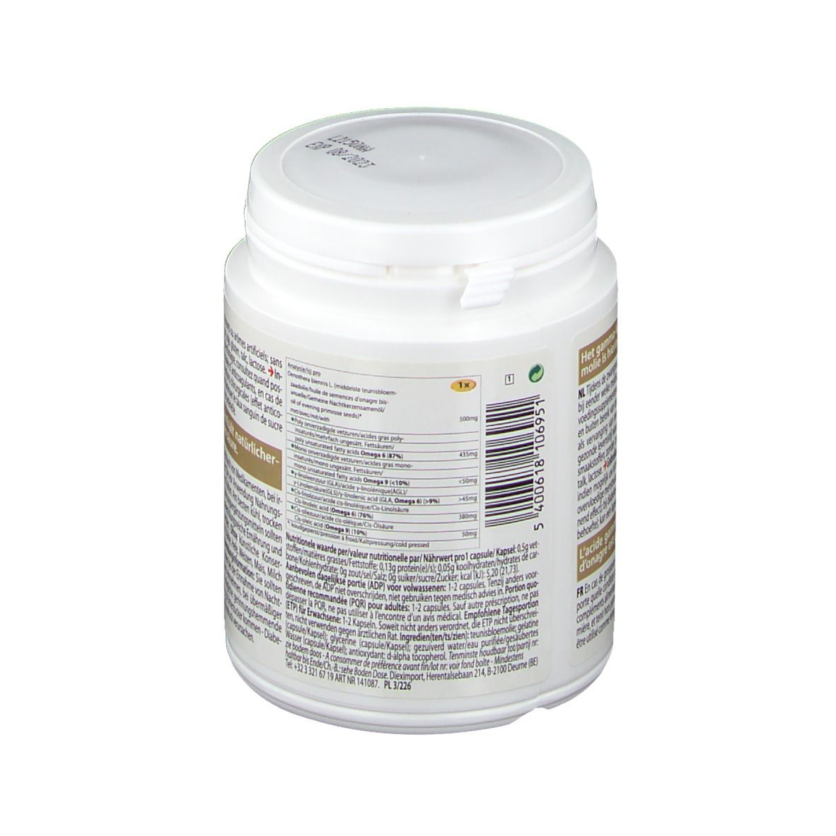 Dos d'un flacon blanc avec bouchon à vis. Texte en plusieurs langues. Inscription : Ingrédients.