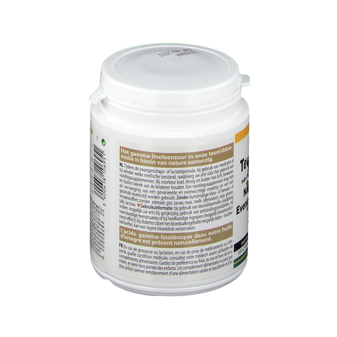 Dos d'un flacon blanc avec bouchon à vis. Texte en plusieurs langues. Inscription : Acide gamma-linolénique.
