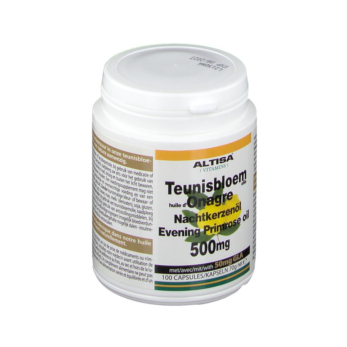 Flacon blanc avec bouchon à vis. Inscription : Altisa, Teunisbloem, Onagre, Nachtkerzenöl, Evening Primrose oil, 500mg.