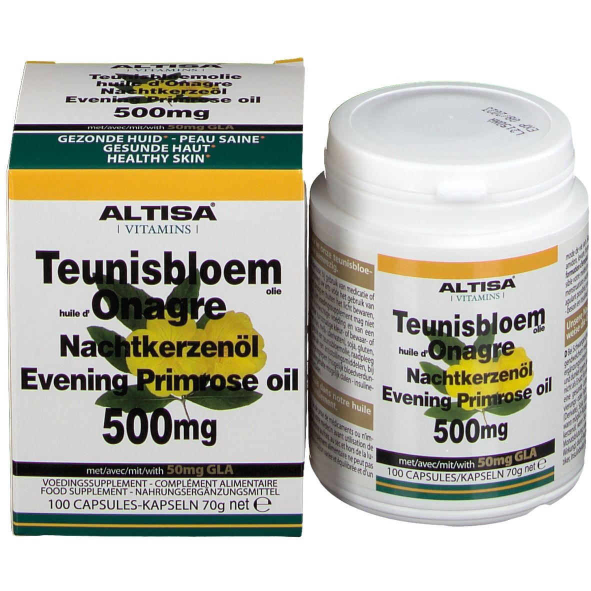 Emballage du produit avec flacon et boîte. Inscription : Altisa, Teunisbloem, Onagre, Nachtkerzenöl, Evening Primrose oil, 500mg.