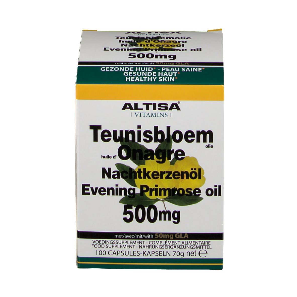 Emballage du produit avec boîte. Inscription : Altisa, Teunisbloem, Onagre, Nachtkerzenöl, Evening Primrose oil, 500mg.