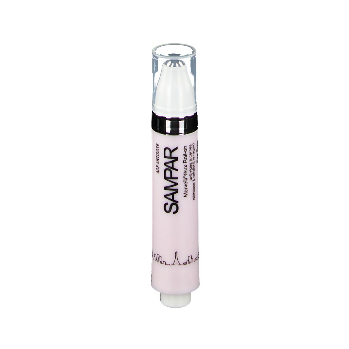 Roll-on rose avec applicateur blanc et capuchon transparent. Inscription SAMPAR et Merveill'Yeux Roll-on.