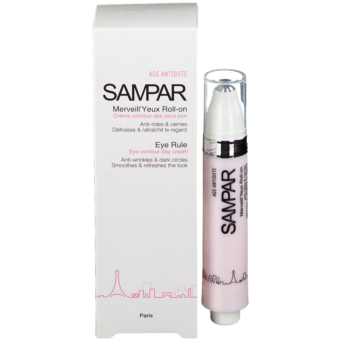 Roll-on rose et emballage. Inscription SAMPAR, Merveill'Yeux Roll-on, Eye Rule. Fond blanc.