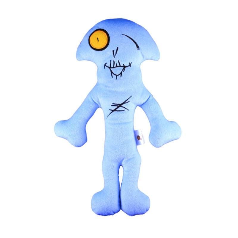 Peluche bleue en forme de tête de mort avec un œil jaune et un visage imprimé. Bras et jambes tendus.