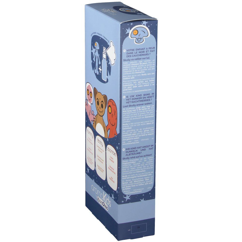 Emballage du produit, vue latérale. Textes multilingues. Marque et nom du produit visibles. Illustrations.