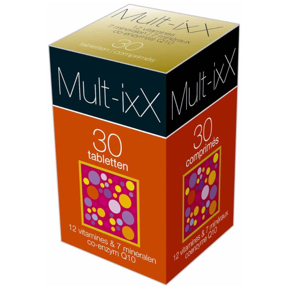 Boîte Mult-ixx. Inscription: 30 comprimés, 12 vitamines & 7 minéraux, co-enzyme Q10. Cercles multicolores.