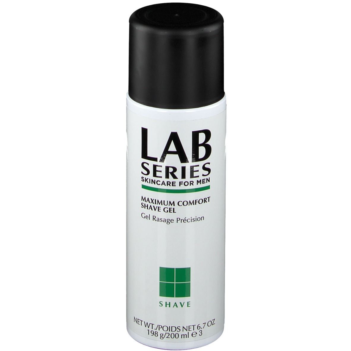 Flacon cylindrique noir et blanc avec bouchon noir. Inscription: LAB SERIES, Maximum Comfort Shave Gel. Carré vert en bas.