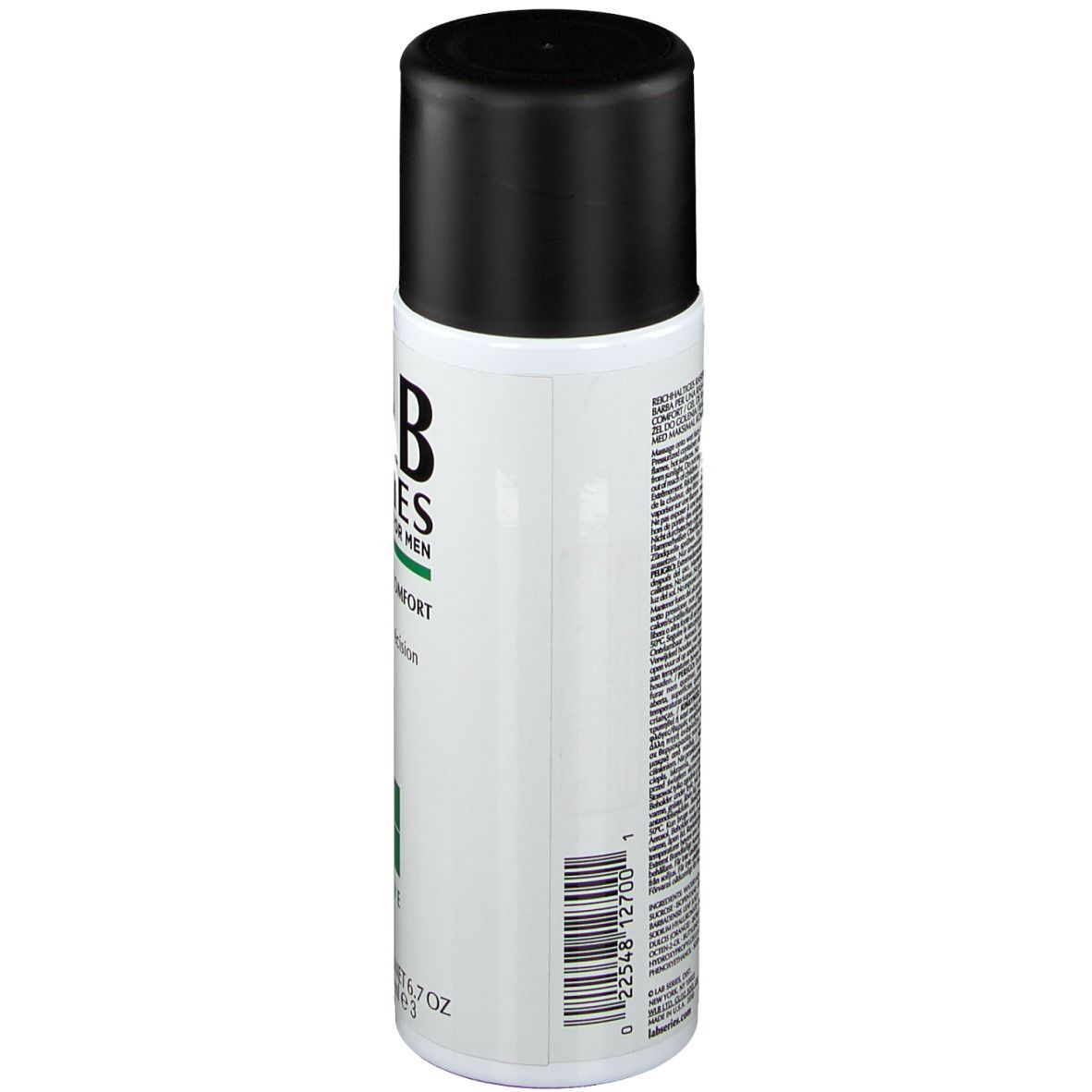 Flacon cylindrique, vue latérale. Bouchon noir. Inscription: LAB SERIES, Maximum Comfort Shave Gel. Code-barres.