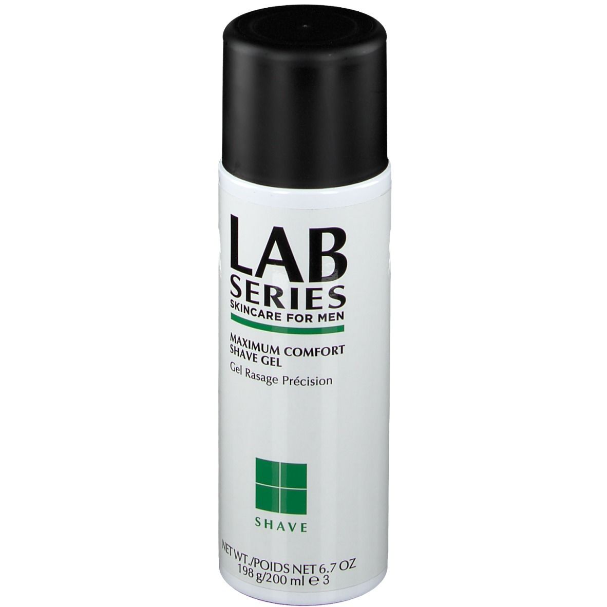 Flacon cylindrique noir et blanc avec bouchon noir. Inscription: LAB SERIES, Maximum Comfort Shave Gel. Carré vert en bas.