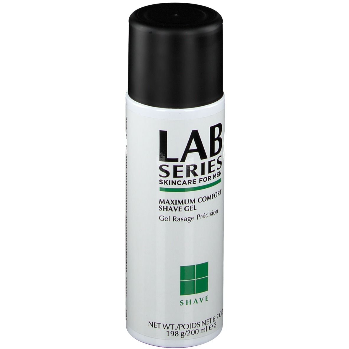 Flacon cylindrique noir et blanc avec bouchon noir. Inscription: LAB SERIES, Maximum Comfort Shave Gel. Carré vert en bas.