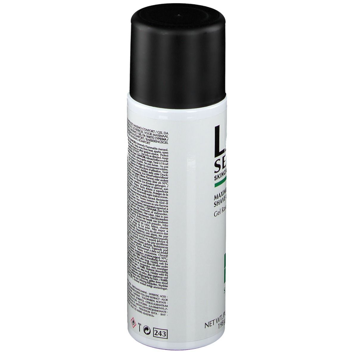 Flacon cylindrique, dos. Bouchon noir. Texte multilingue. Avertissements et ingrédients.