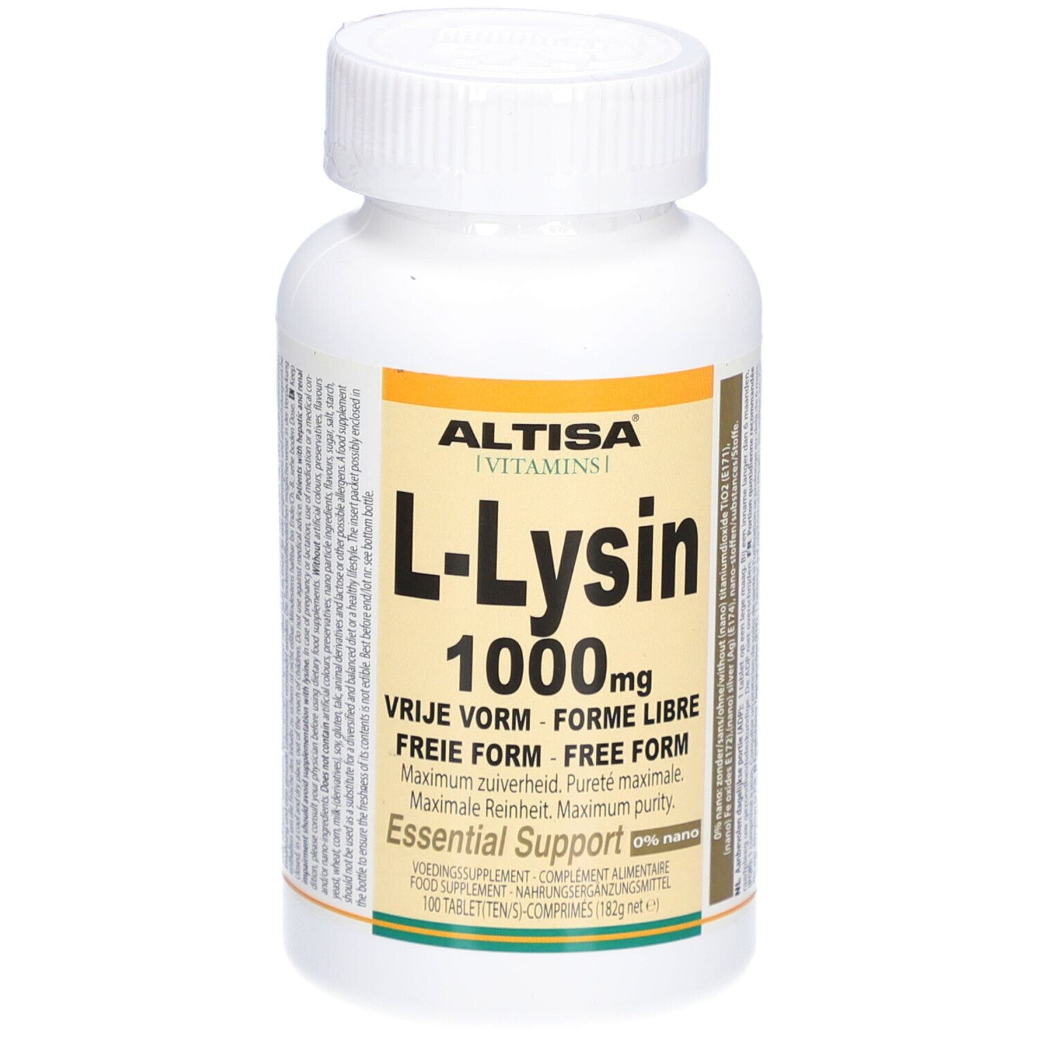 Flacon blanc avec étiquette jaune-orange. Inscription : Altisa L-Lysine 1000mg. Contient 100 comprimés.