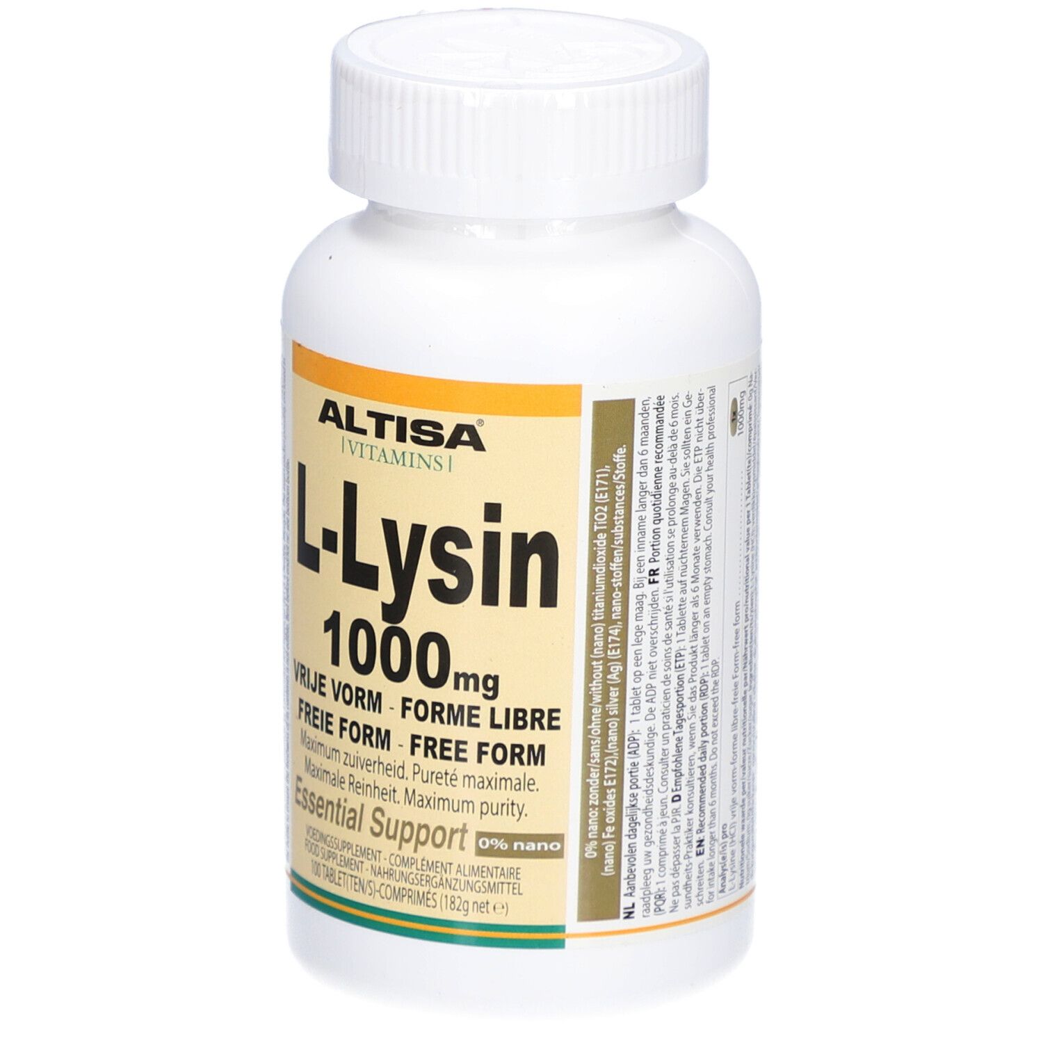 Flacon blanc avec étiquette jaune-orange. Inscription : Altisa L-Lysine 1000mg. Contient 100 comprimés.