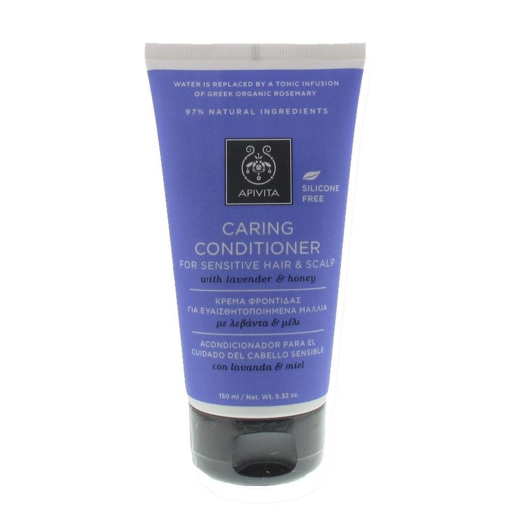 Tube bleu avec bouchon noir. Inscription: Caring Conditioner pour cheveux et cuir chevelu sensibles. Marque: Apivita.