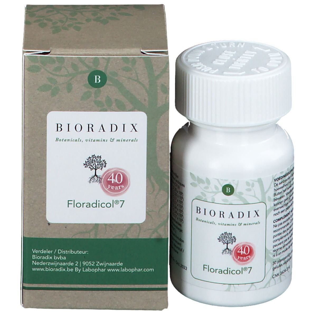 Emballage du produit avec flacon. Boîte marron avec inscription : Bioradix, Floradicol 7. Contient un logo de 40 ans. Flacon à côté.