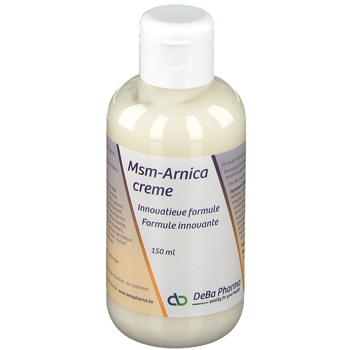 Flacon de crème à bouchon blanc. Inscription: Msm-Arnica crème, 150 ml. Logo DeBa Pharma.